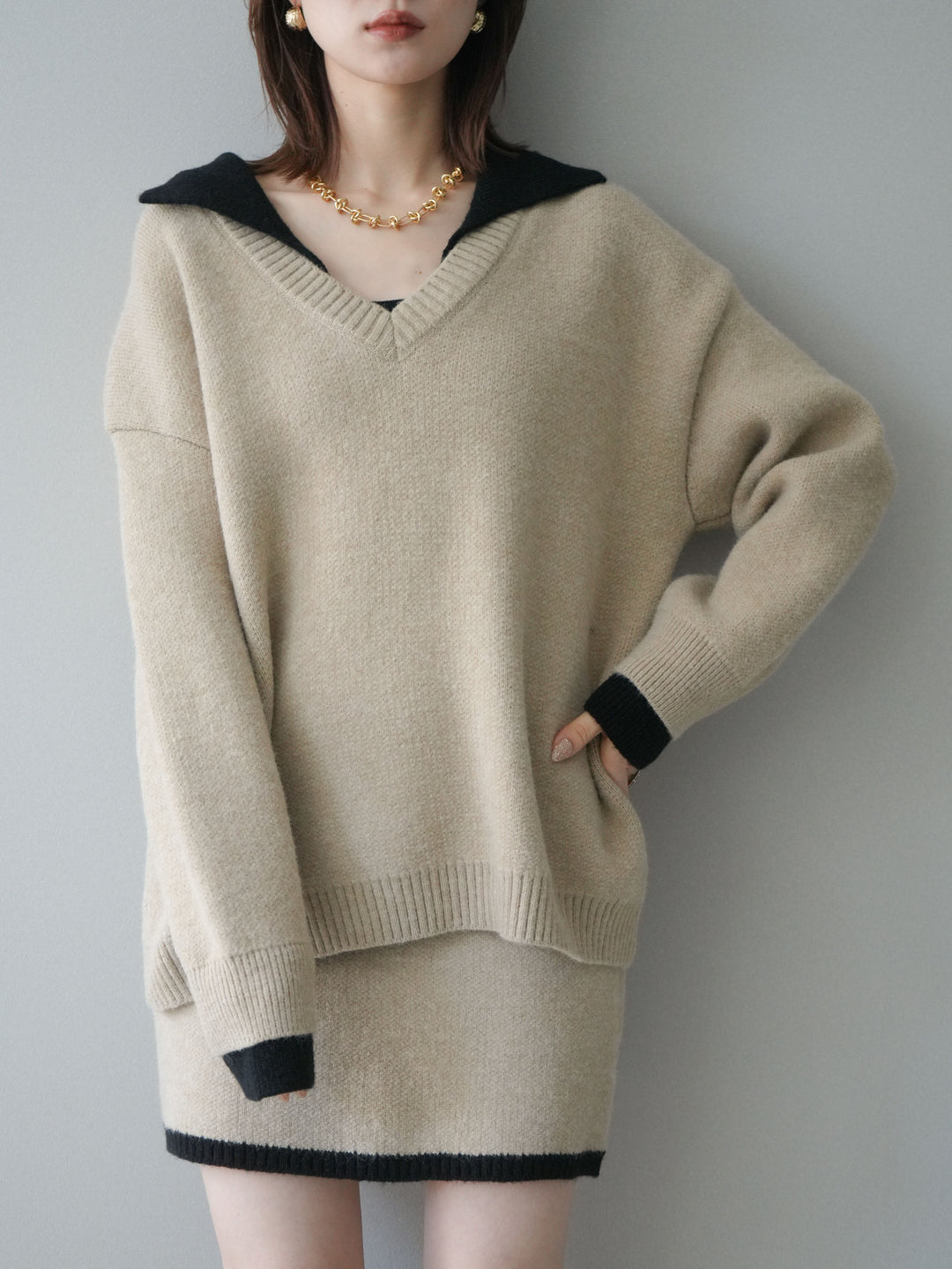 [SET]配色襟ニット＆ミニスカートSET UP+配色襟ニット＆ミニスカートSET UP(2set)