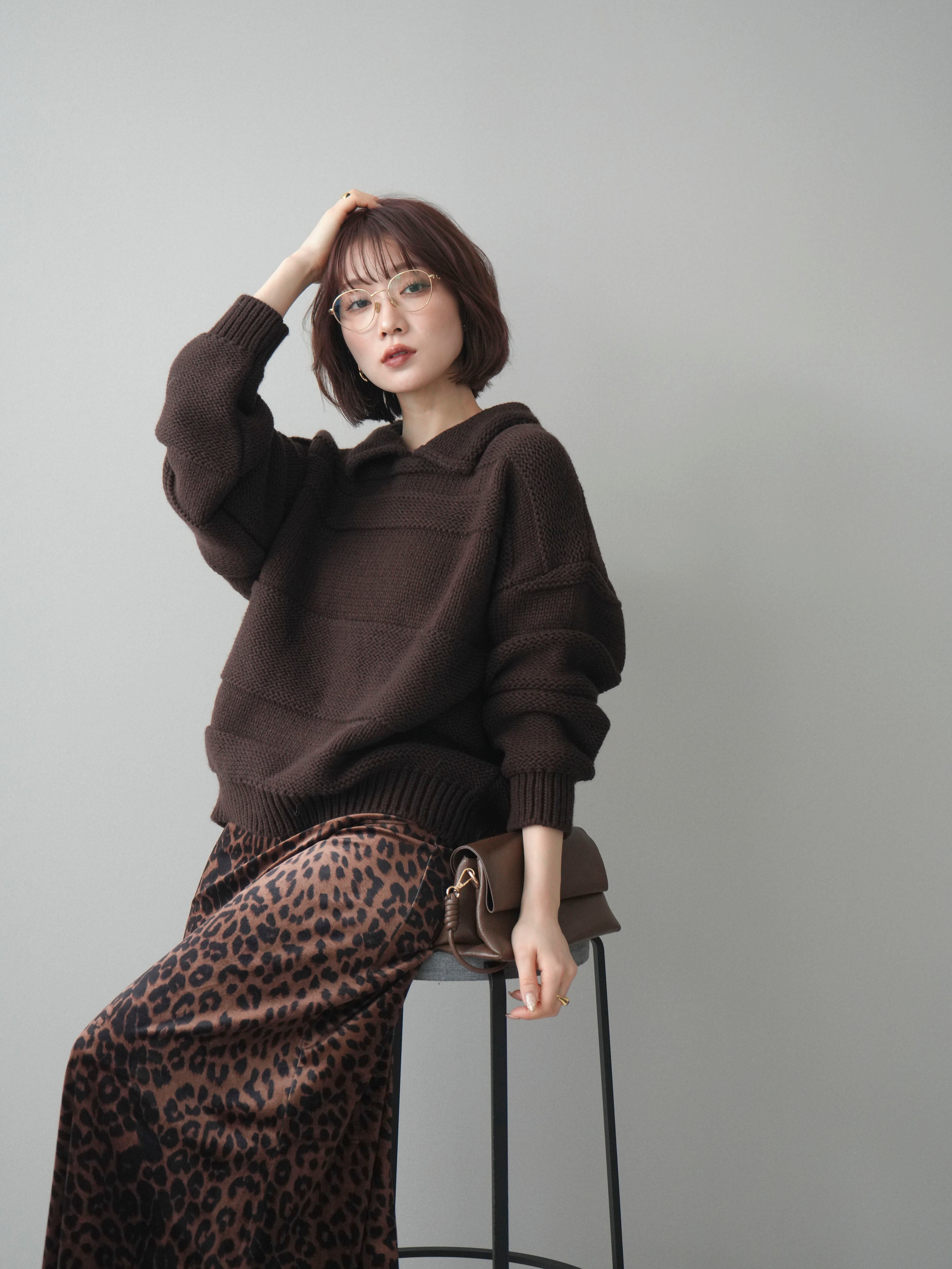 予約]襟付きボーダー編みニットプルオーバー/brown – Lumier