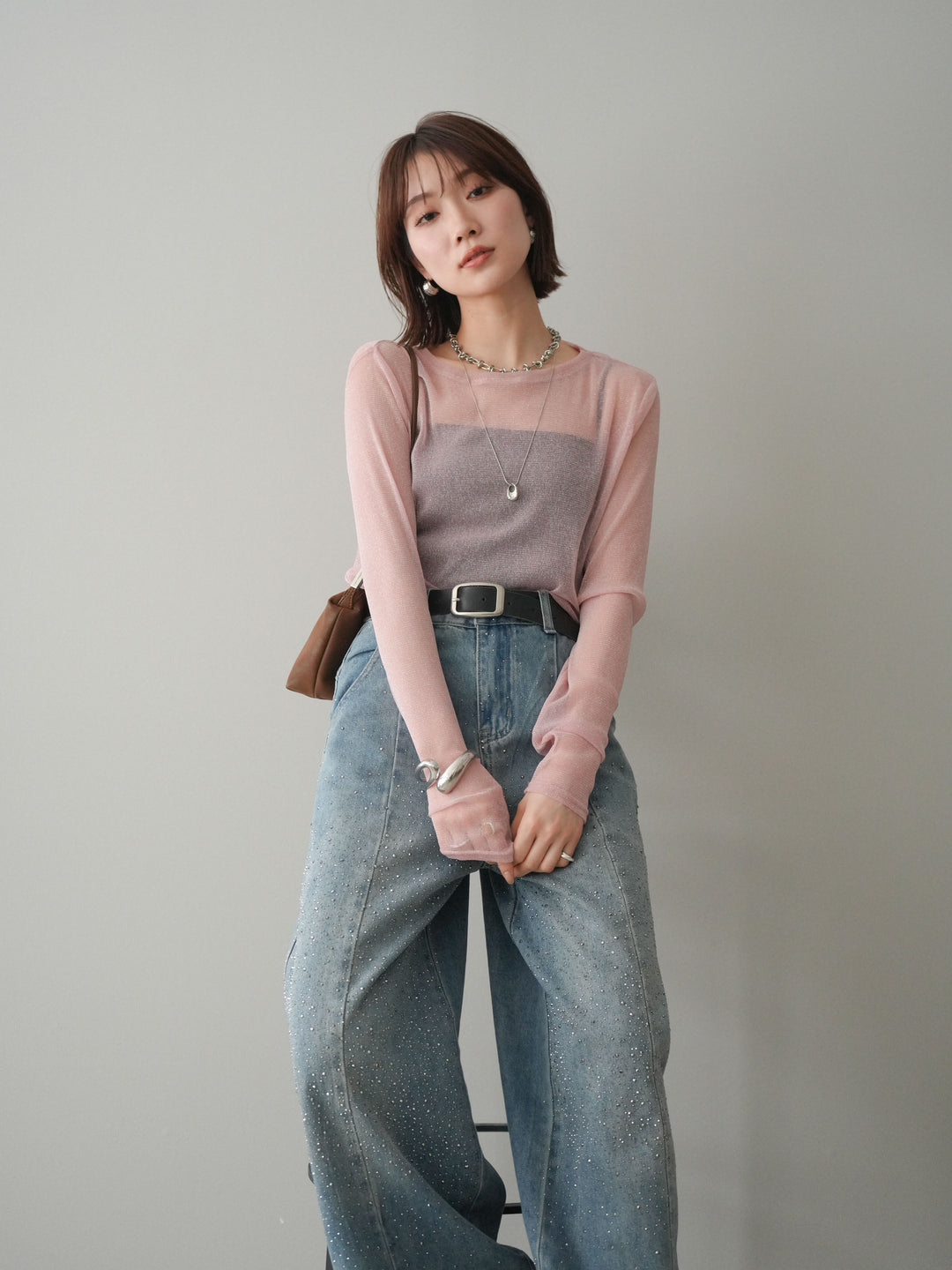 [予約]ラメシアークルーネックトップス/pink