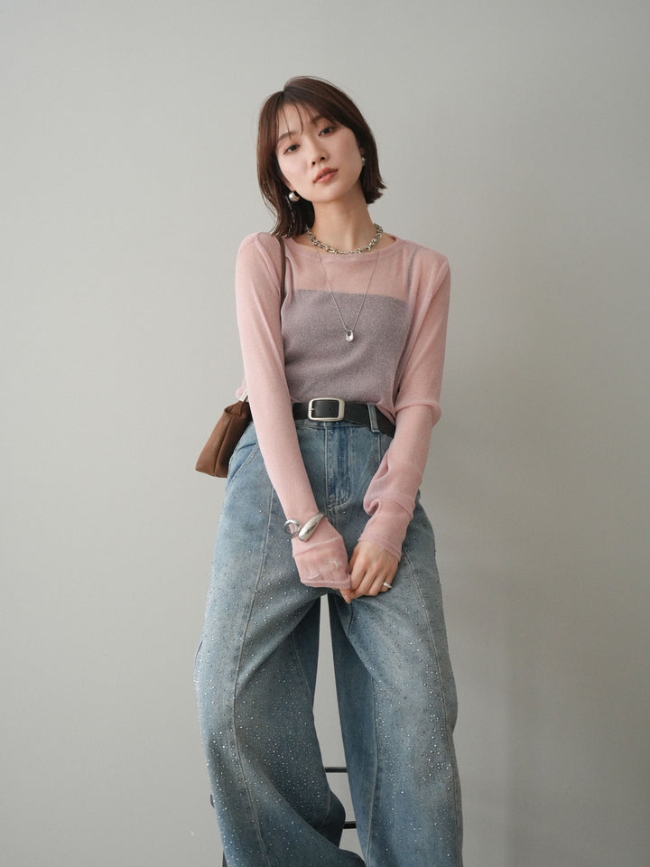 [予約]ラメシアークルーネックトップス/pink