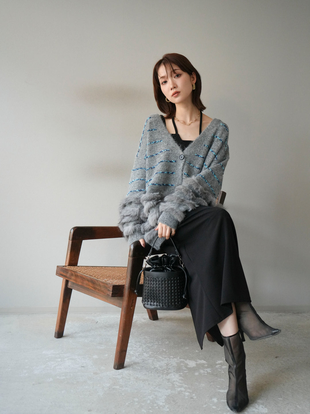 [予約]フェザーライン配色シャギーニットカーディガン/グレー