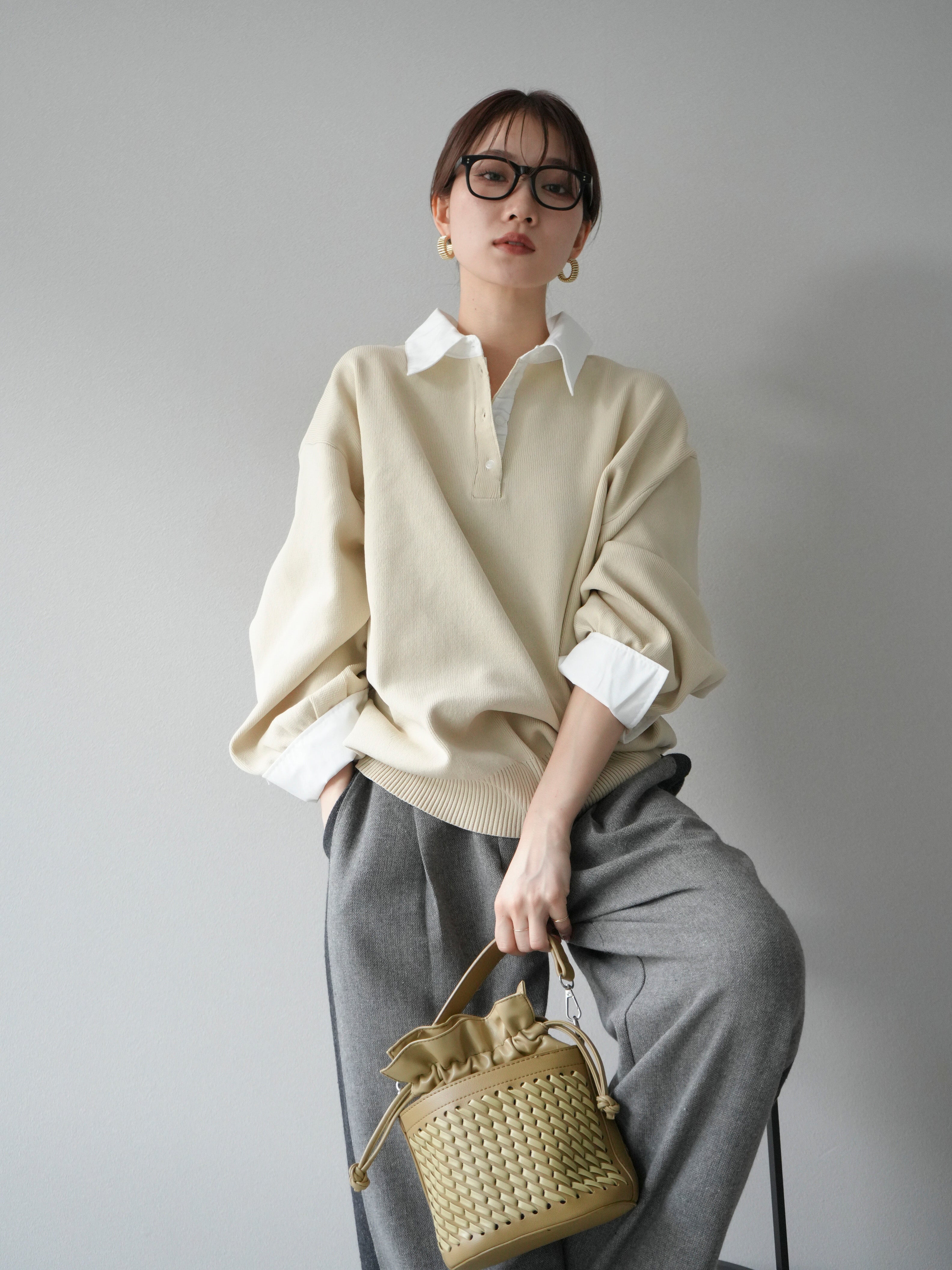 予約]襟付きポロニットプルオーバー/アイボリー – Lumier