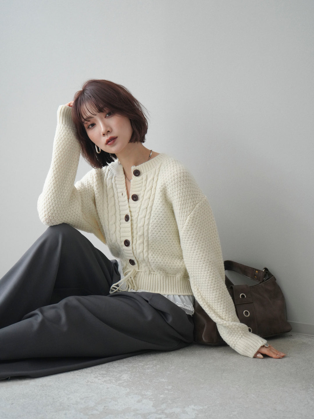 [SET]裾レースケーブルニットカーディガン+ベルトループデザインワイドパンツ(2set)