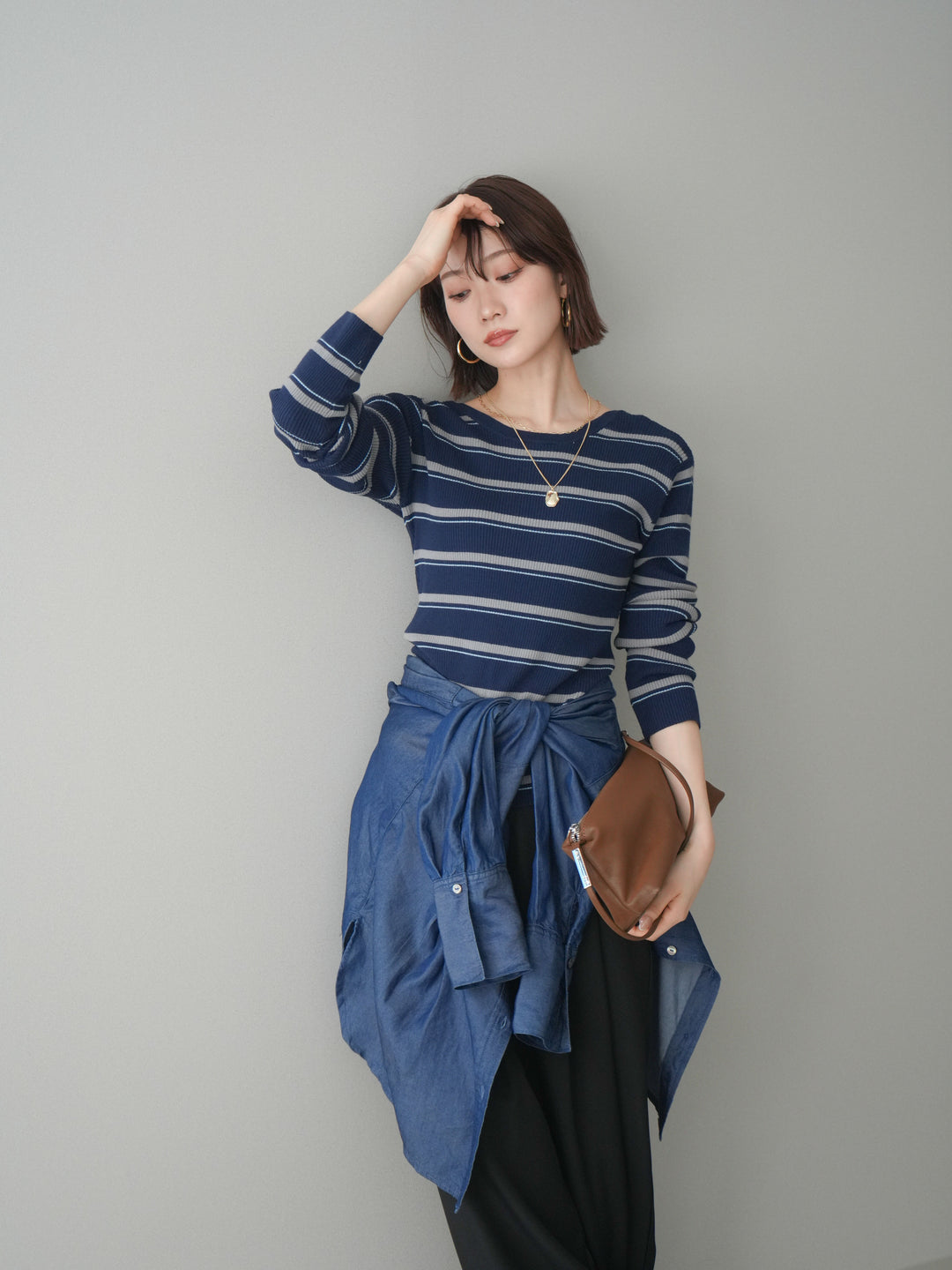 [予約]バックオープンテレコリブマルチボーダートップス/navy