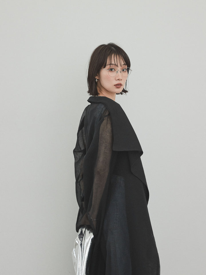 [SET] 中縫牛仔背帶褲 + 透視長版外套（2 件組）