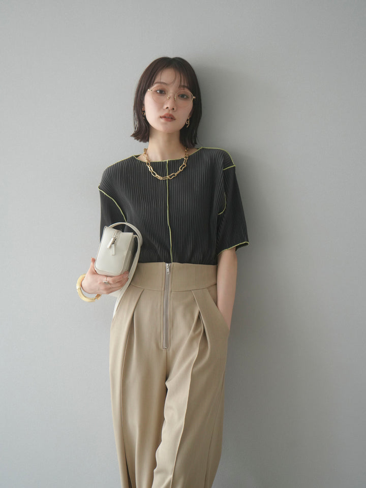 [予約]配色メロープリーツハーフスリーブトップス/ブラック