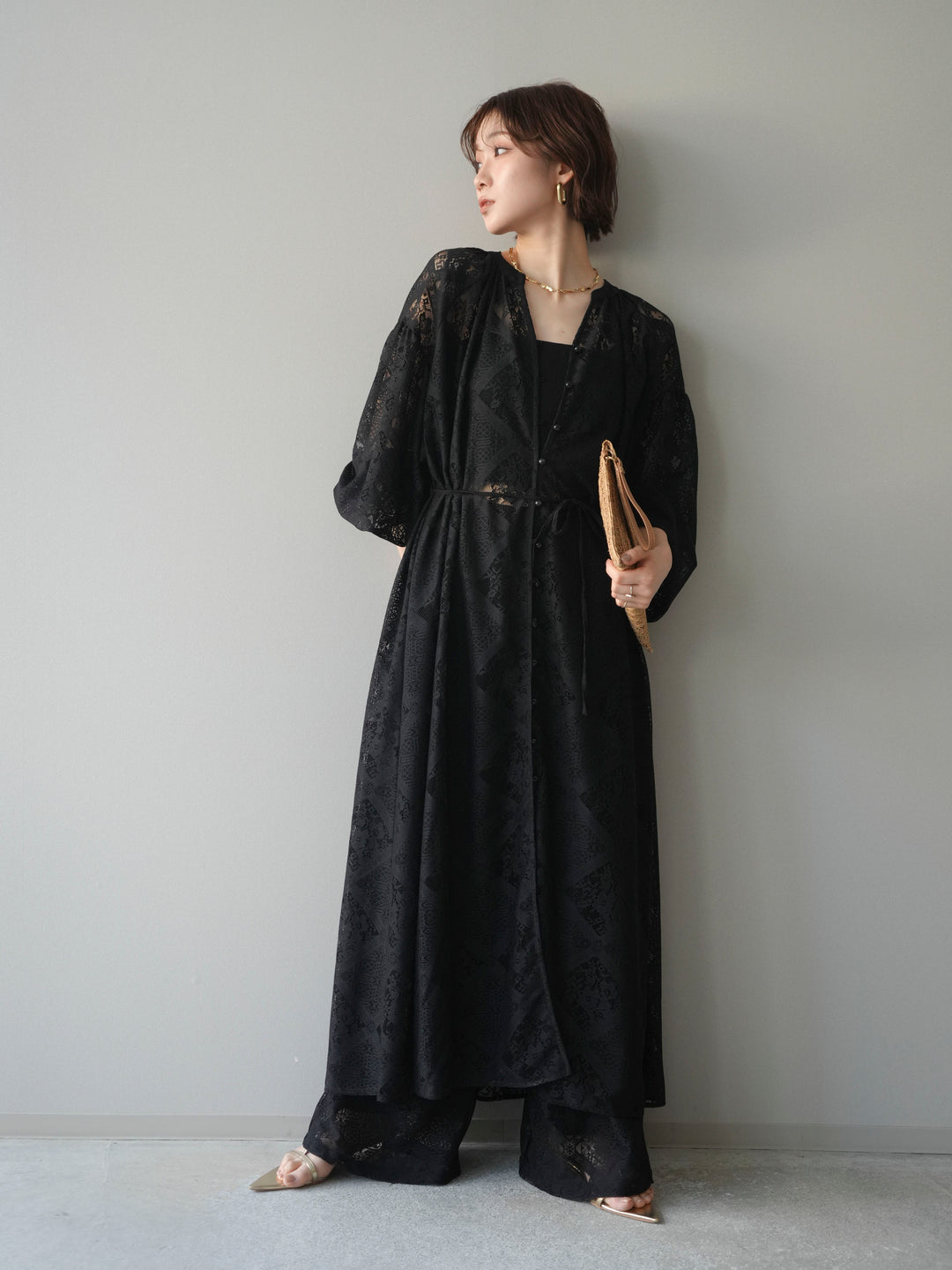 [SET]シアーレースロングガウン+シアーレースイージーパンツ(2set)