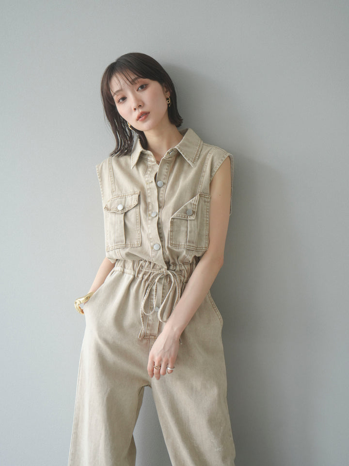 [予約]ポケットデザインデニムオールインワン/キャメル