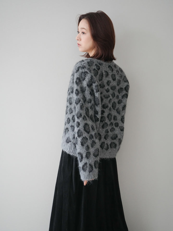 [SET]モヘアタッチレオパード柄ニットカーディガン+ワッシャーベロアプリーツスカート(2set)