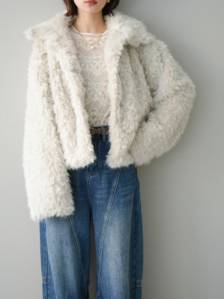 【套裝】短款人造毛領罩衫+薄紗蕾絲上衣+羊毛襯裡牛仔修身褲（三件套）