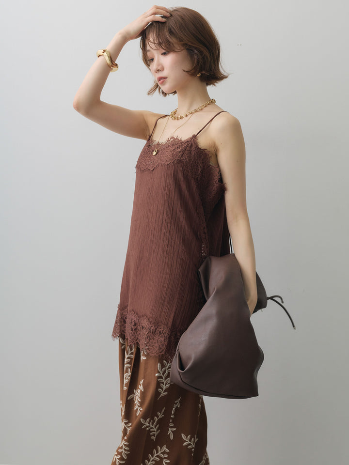 [予約]ワッシャーテクスチャーレーストリムキャミソール/brown