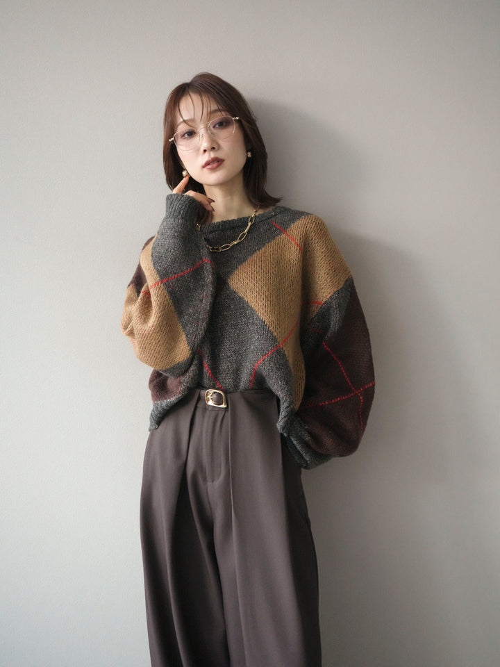 [SET]配色ステッチアーガイル柄ニットプルオーバー+ベルトループデザインワイドパンツ(2set)