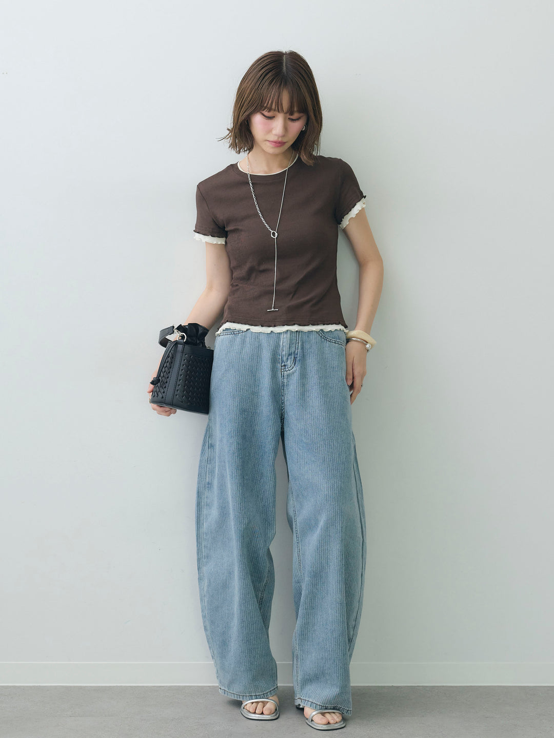 [SET]メロートリムレイヤードTEE+ニュアンスウォッシュカーブデニム(2set)