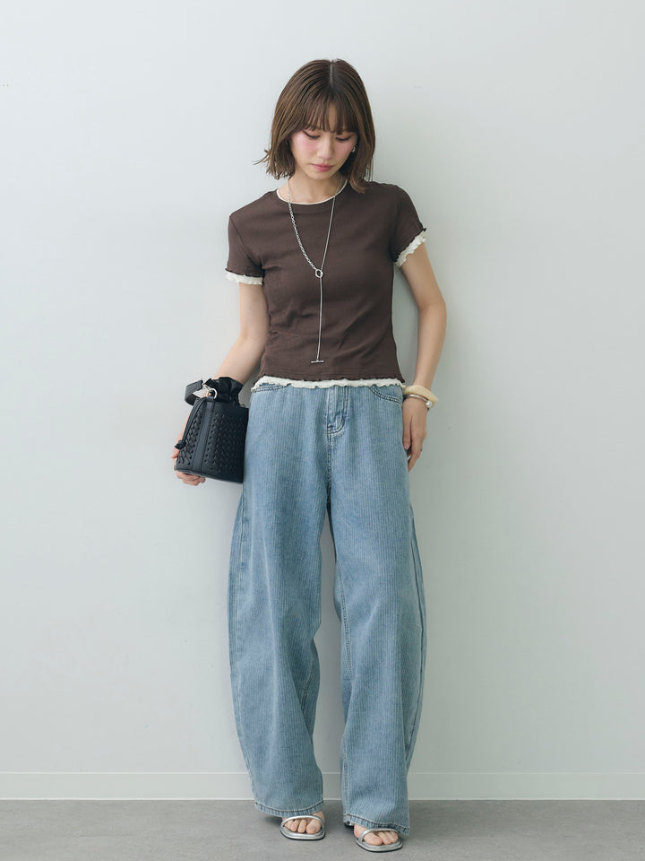 [SET]メロートリムレイヤードTEE+ニュアンスウォッシュカーブデニム(2set)