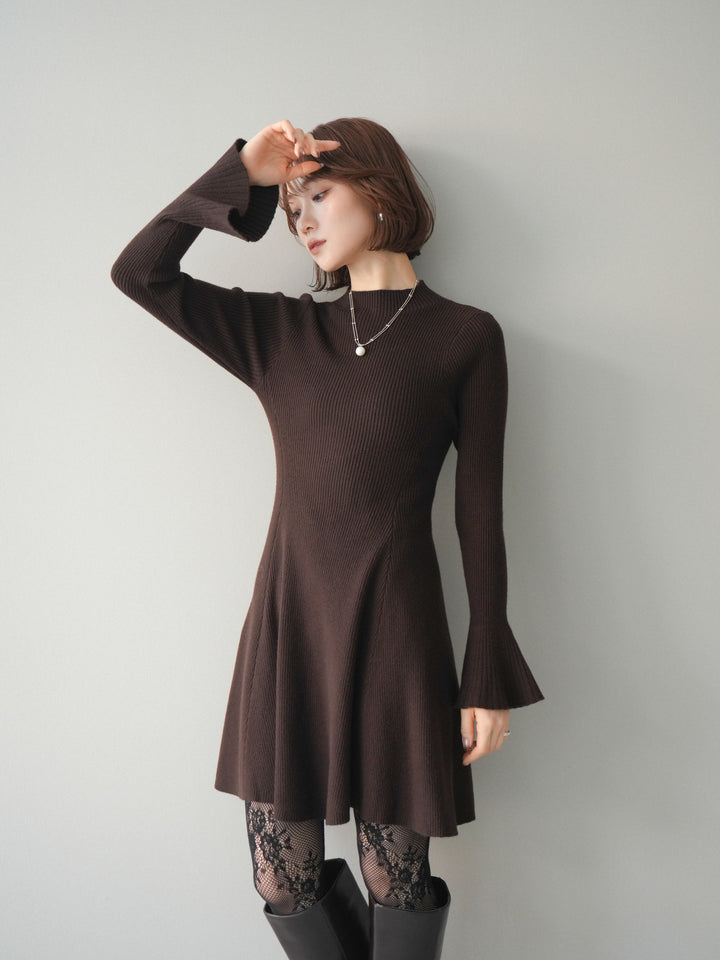 [予約]フレアリブニットミニワンピース/brown