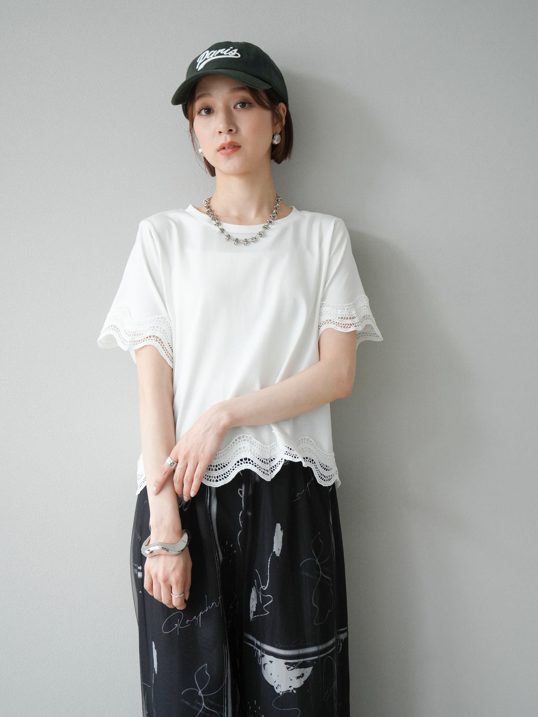 [SET]レース切替カットソー+コード刺繍チュールレイヤードパンツ(2set)