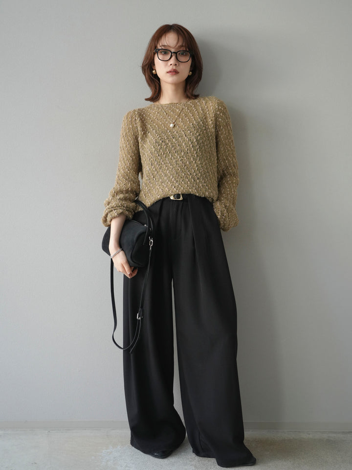 【着回しセット】[SET]求心柄クロップドニットカーディガン+異素材ミックスヤーンニットプルオーバー+ベルトループデザインワイドパンツ(3set)