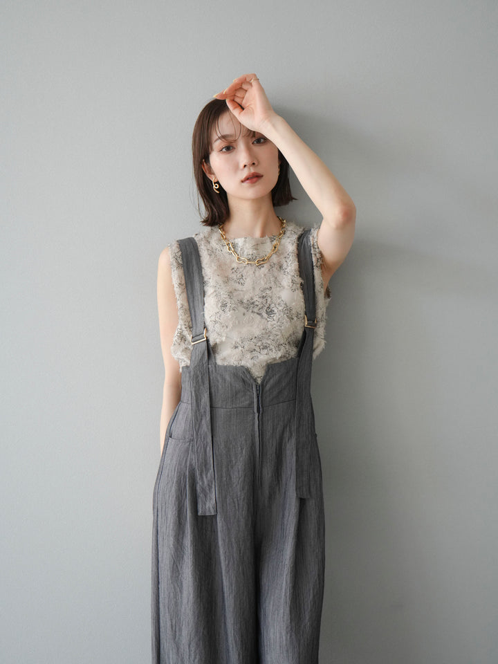 [SET]ストリングデザインハイウエストサロペット+ニュアンスフリンジジャガードノースリーブブラウス(2set)