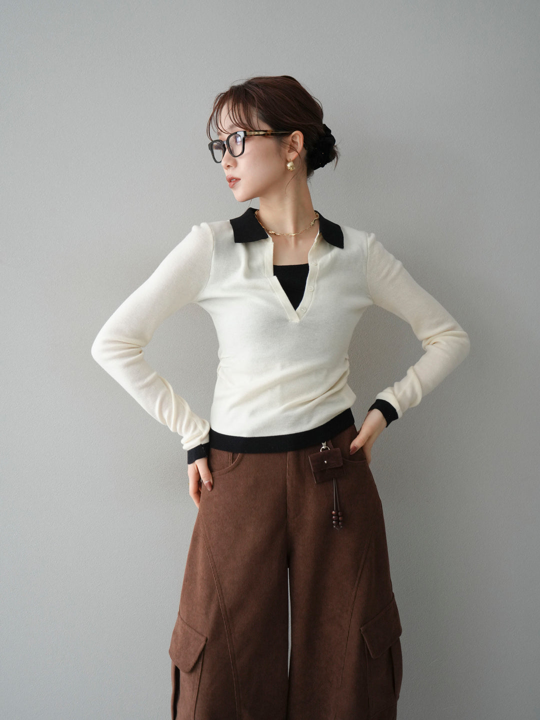 [予約]レイヤード配色ポロニットトップス/beige