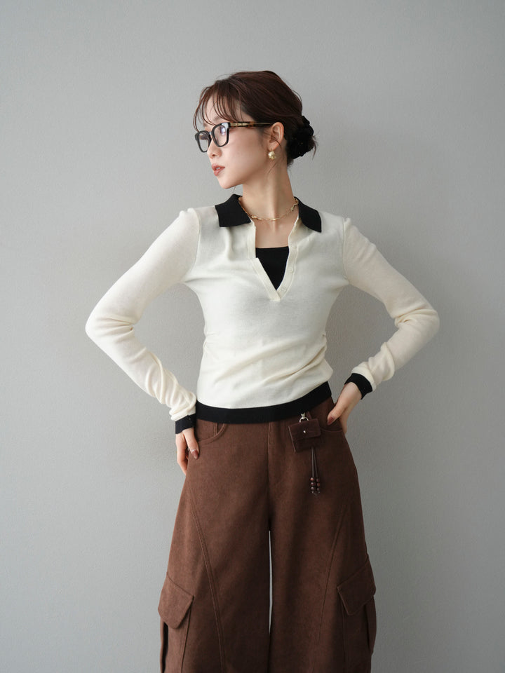 [予約]レイヤード配色ポロニットトップス/beige
