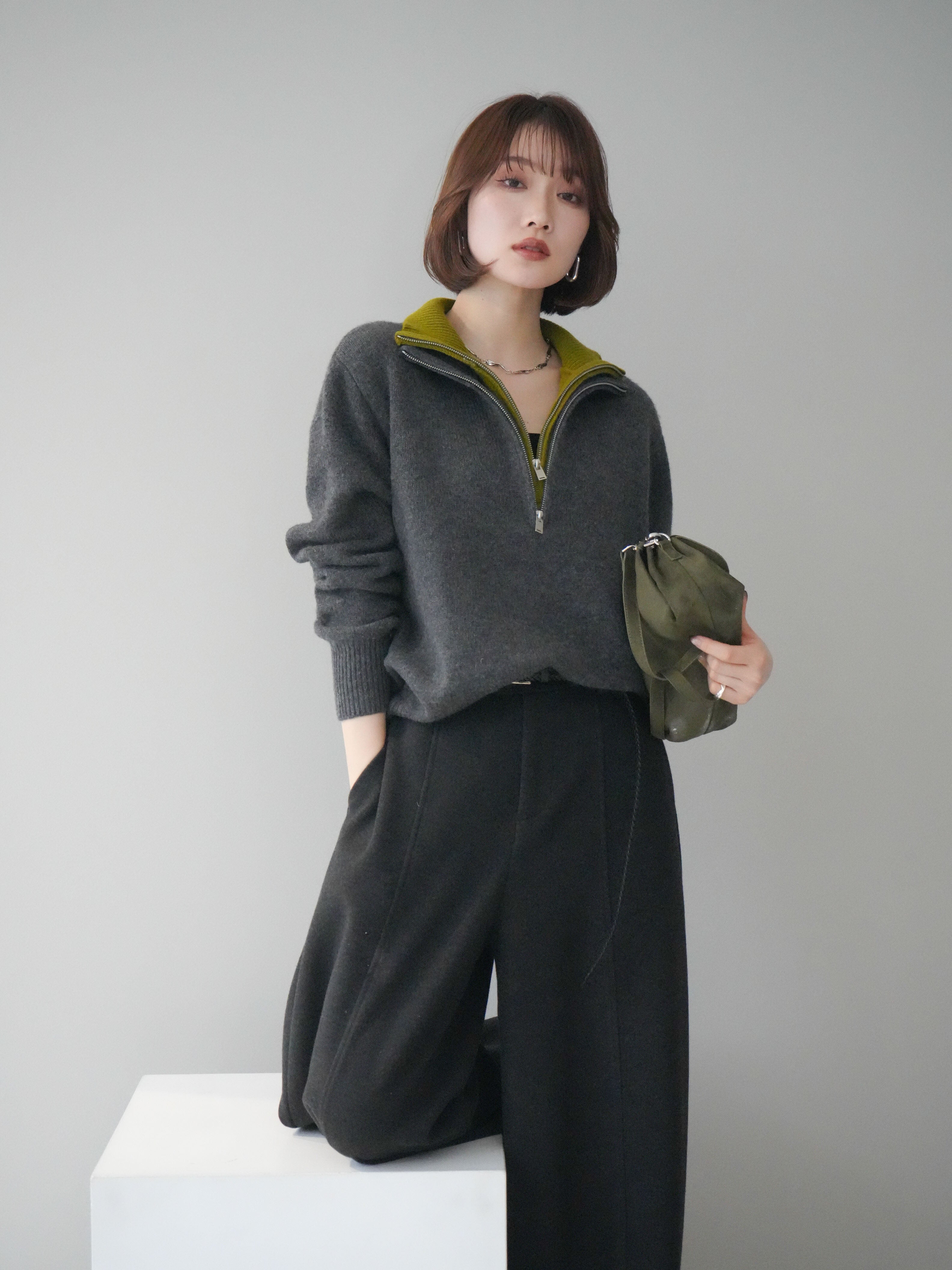 予約]ウールxカシミヤハーフジップダブルネックニットプルオーバー