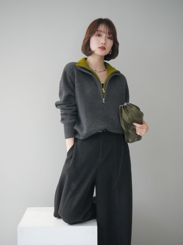 予約]ウールxカシミヤハーフジップダブルネックニットプルオーバー