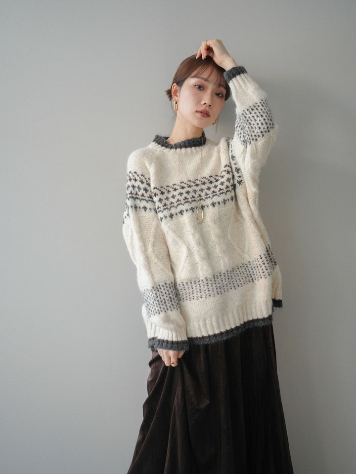 [予約]裾配色ノルディック柄ニットプルオーバー/White