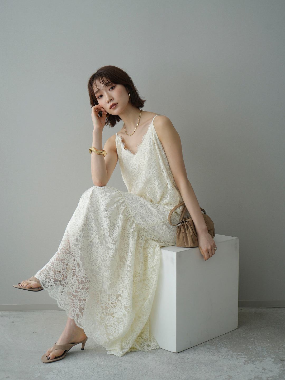 [SET]ギャザー切替レースキャミワンピース+選べるアクセセット(2set)