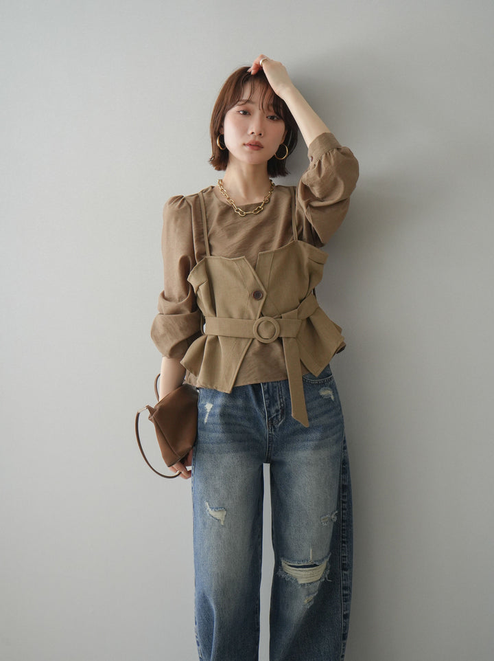 [SET]異素材ビスチェドッキングブラウス+ダメージデニムセミワイドパンツ(2set)