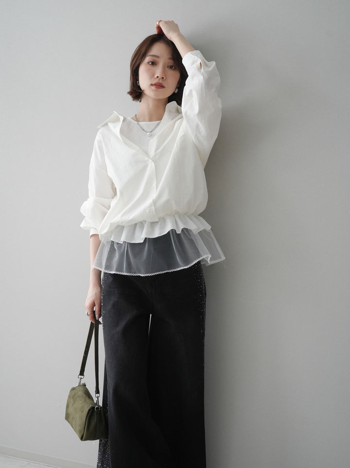 [予約]裾チュールノースリーブカットソー＆シャツドッキングトップス/white