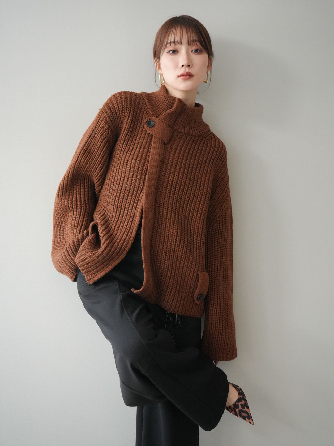 [SET]畦編みボトルネックZIPニットカーディガン+畦編みボトルネックZIPニットカーディガン(2set)