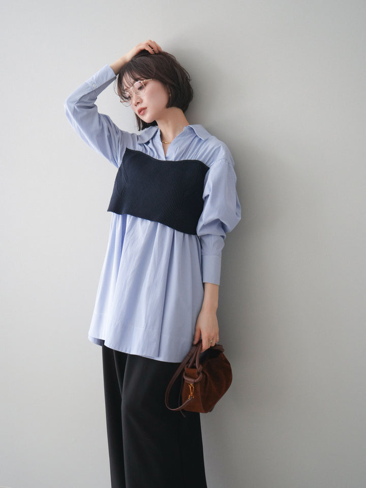 [予約]ニットビスチェドッキングフレアシャツチュニック/stripe