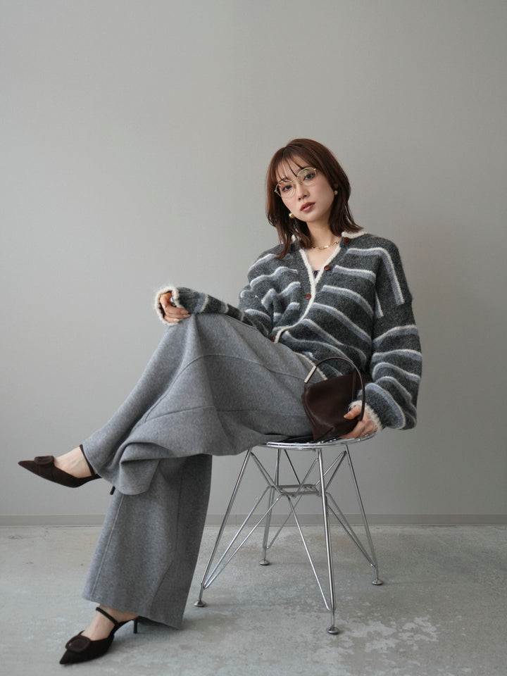 [SET]ウールタッチ配色ボーダーニットカーディガン+ウエストベルトカーブラインスエットパンツ(2set)