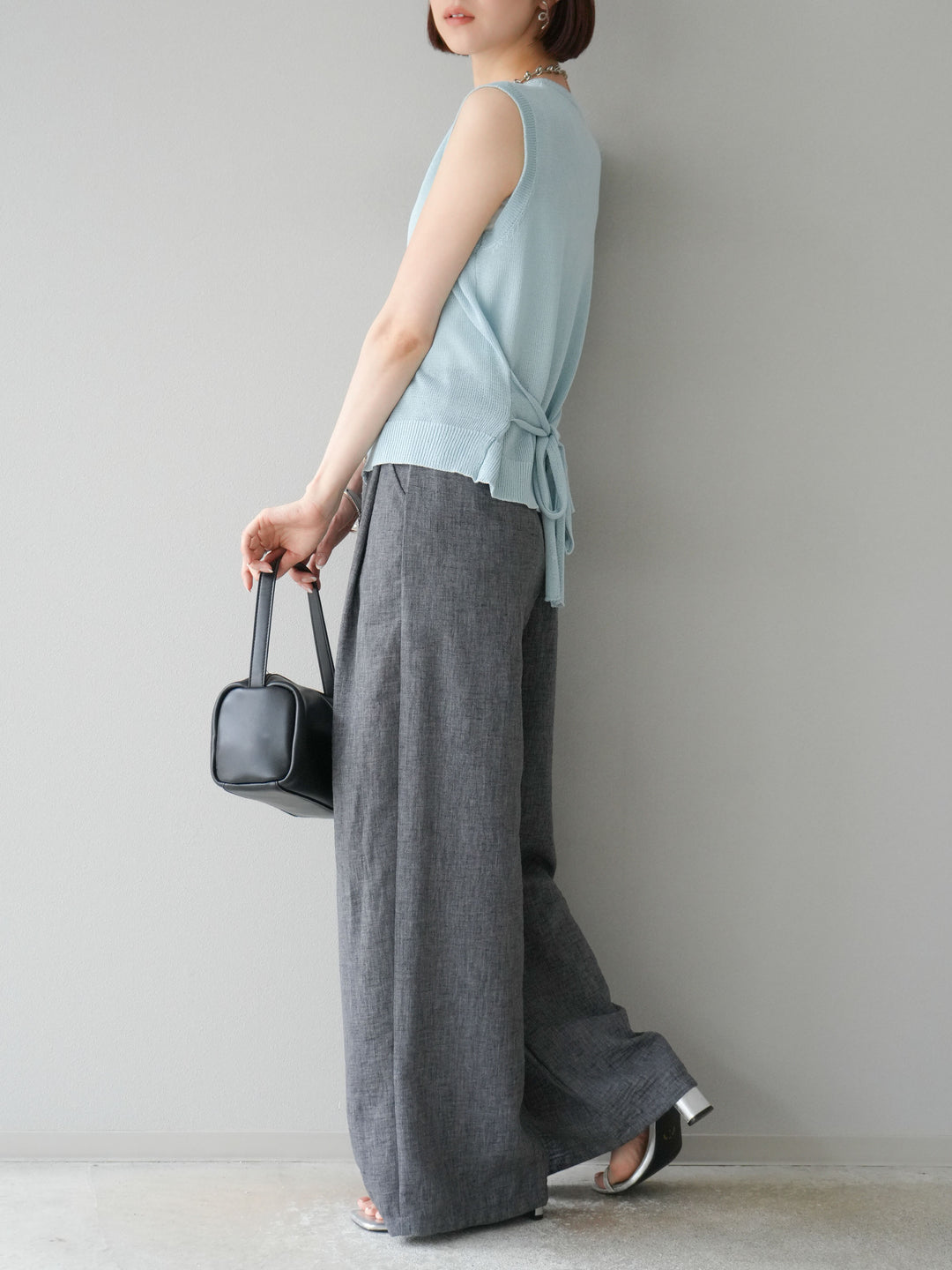 [予約]リネンライクベルト付タックループワイドパンツ/ブラック