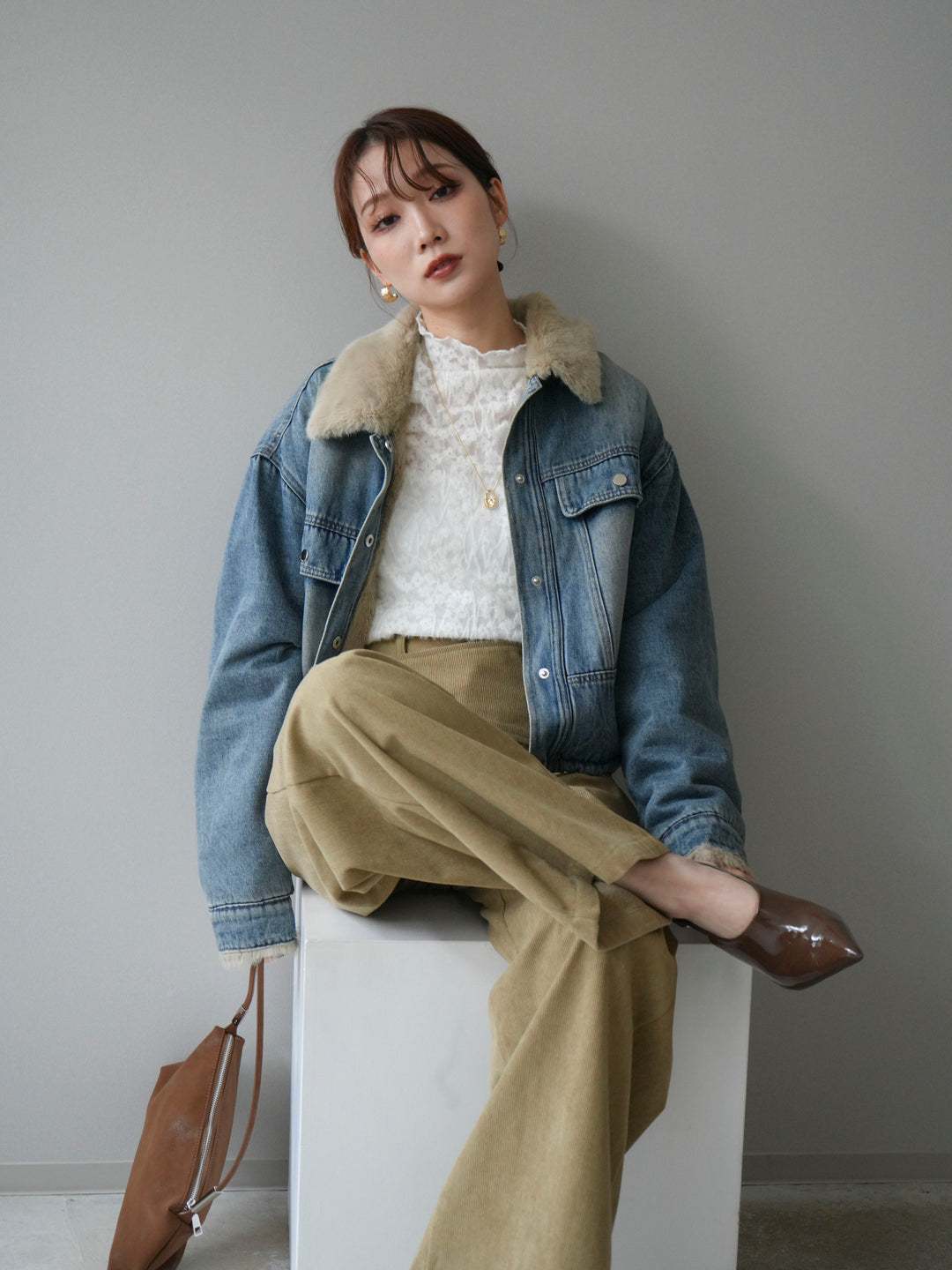 [予約]デニム×ファーステンカラーショートジャケット/lightblue