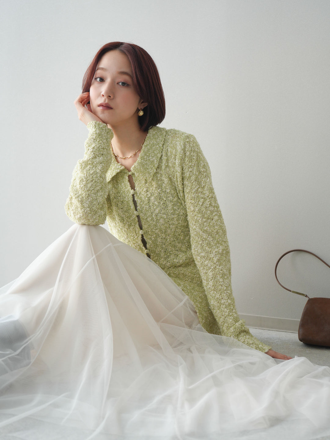 [予約]透かし編みブークレポロニットトップス/green