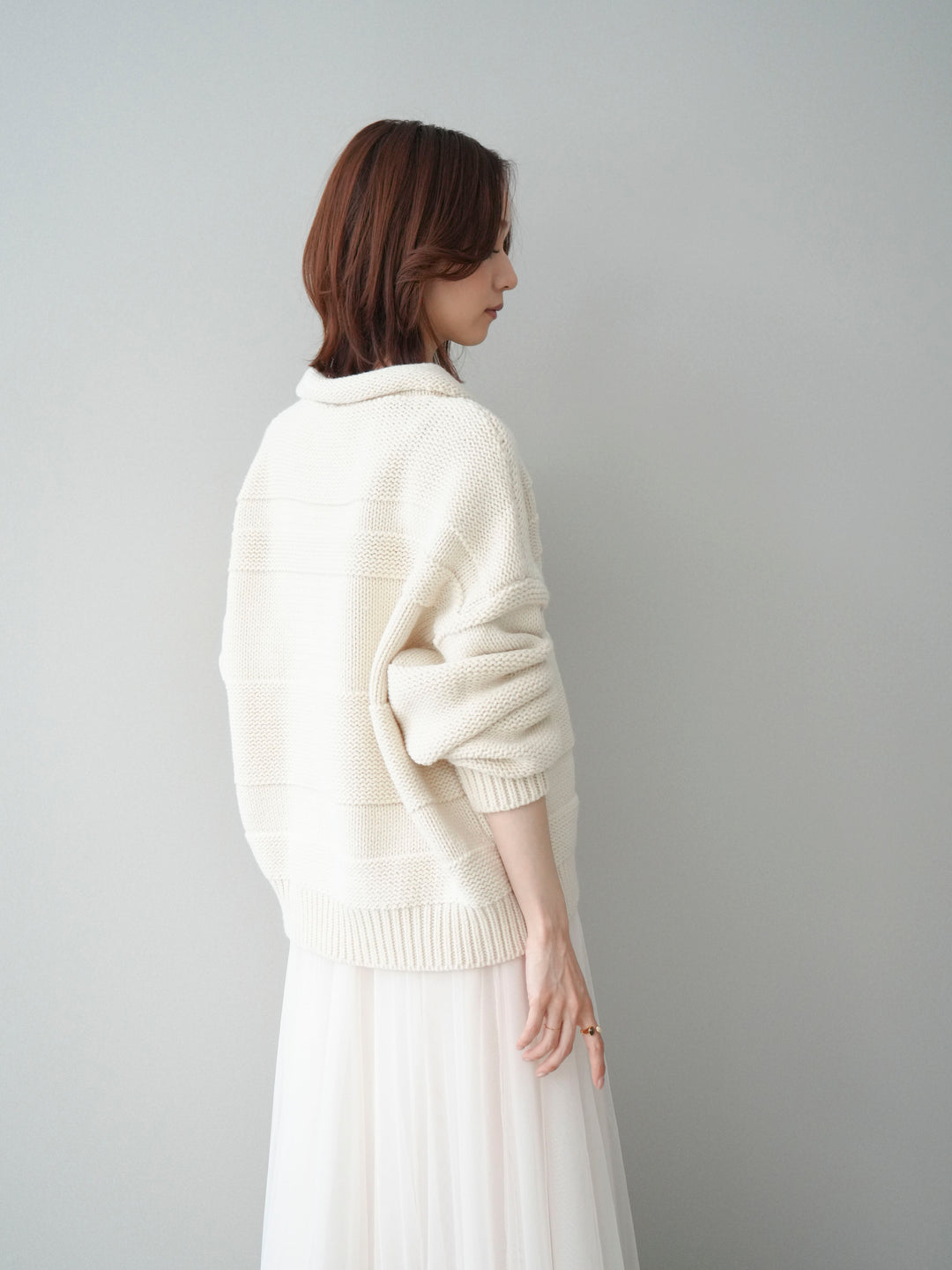 [SET]襟付きボーダー編みニットプルオーバー+チュールボリュームスカート(2set)