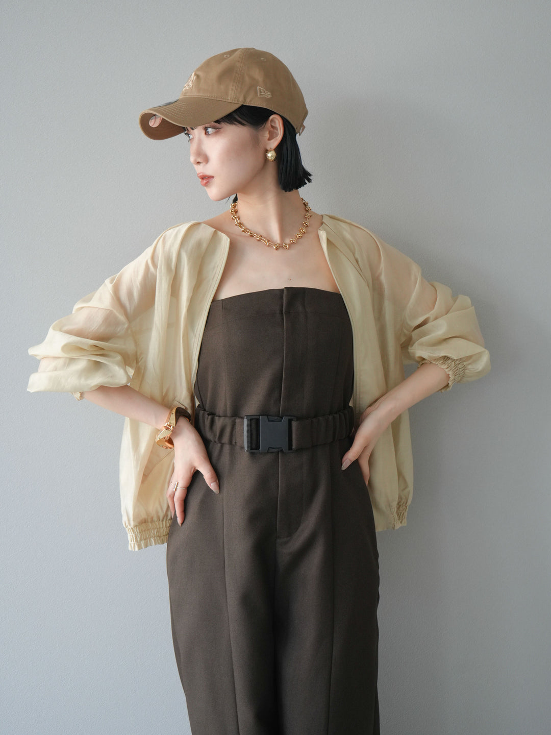 [SET]タックデザインシアーブルゾン+ヘザーツイルベルト付ベアサロペット(2set)