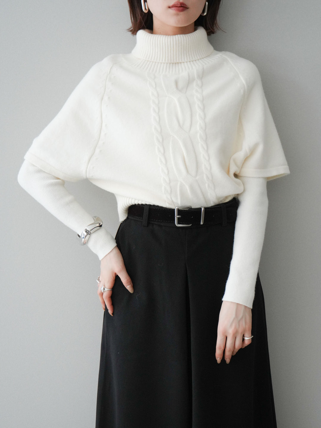 [予約]ケーブル編みタートルハーフスリーブニットアンサンブル/ivory