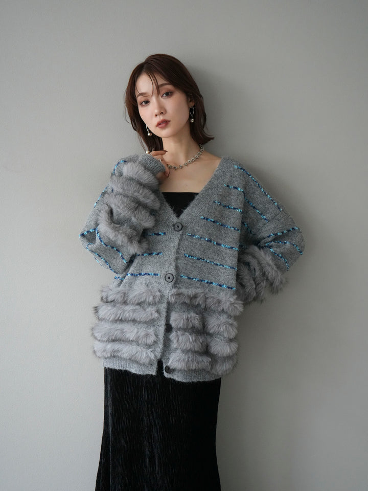 [予約]フェザーライン配色シャギーニットカーディガン/グレー