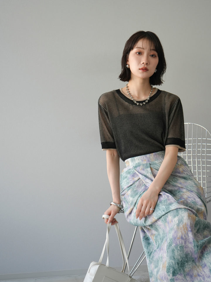 [SET]リネンタッチ配色二重臼ハーフニットトップス+選べるアソート柄スカートセット(2set)