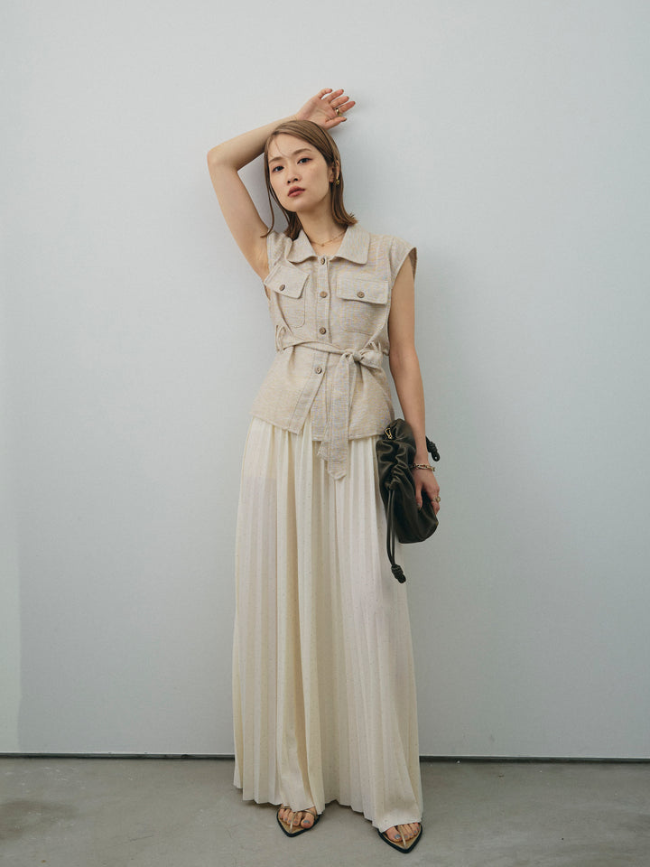 [SET]ミックスヤーンメッシュブラウス+ラインストーンプリーツスカート(2set)