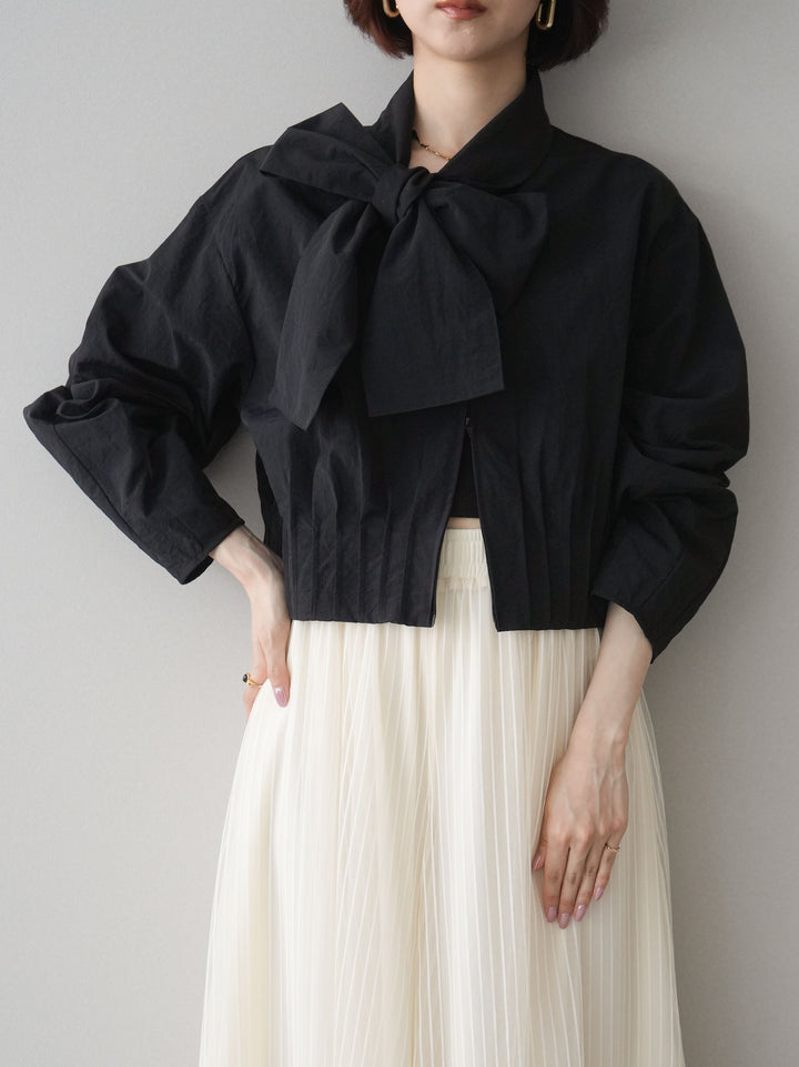 [SET]ボウタイ裾プリーツライトジャケット+ストライプチュールボリュームバギーパンツ(2set)