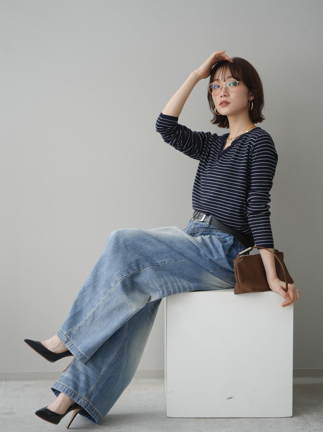 [SET]チュールレイヤードデザインボーダーニットトップス+選べるアクセセット(2set)