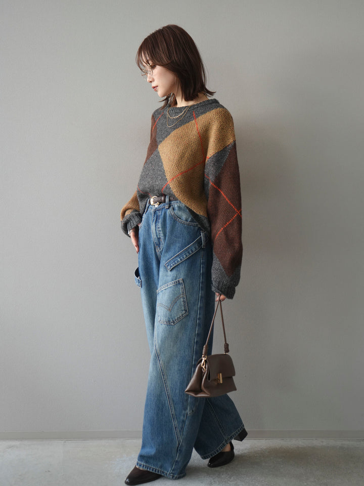 [SET]配色ステッチアーガイル柄ニットプルオーバー+ペインターカーブデニムパンツ(2set)