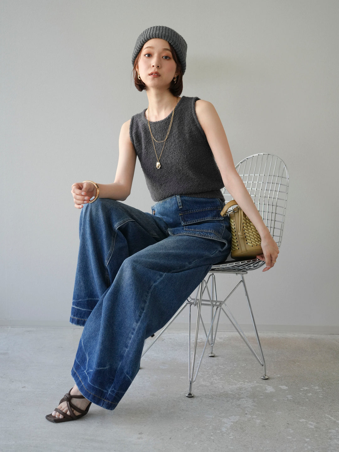 [予約]ブークレニットタンクトップ/チャコール