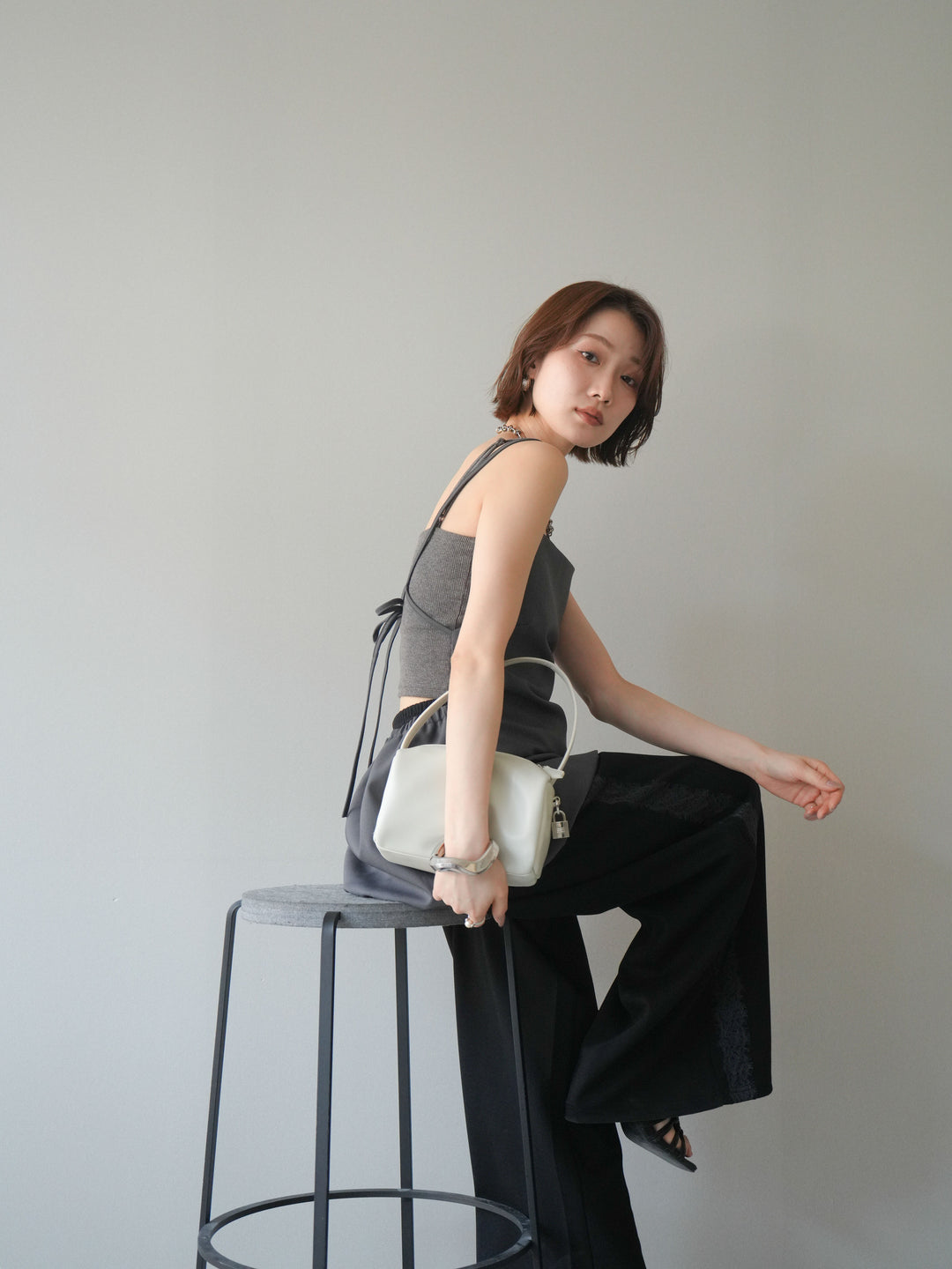 [SET]バックリボンバルーンチュニックキャミ+サイドレースポンチワイドパンツ(2set)