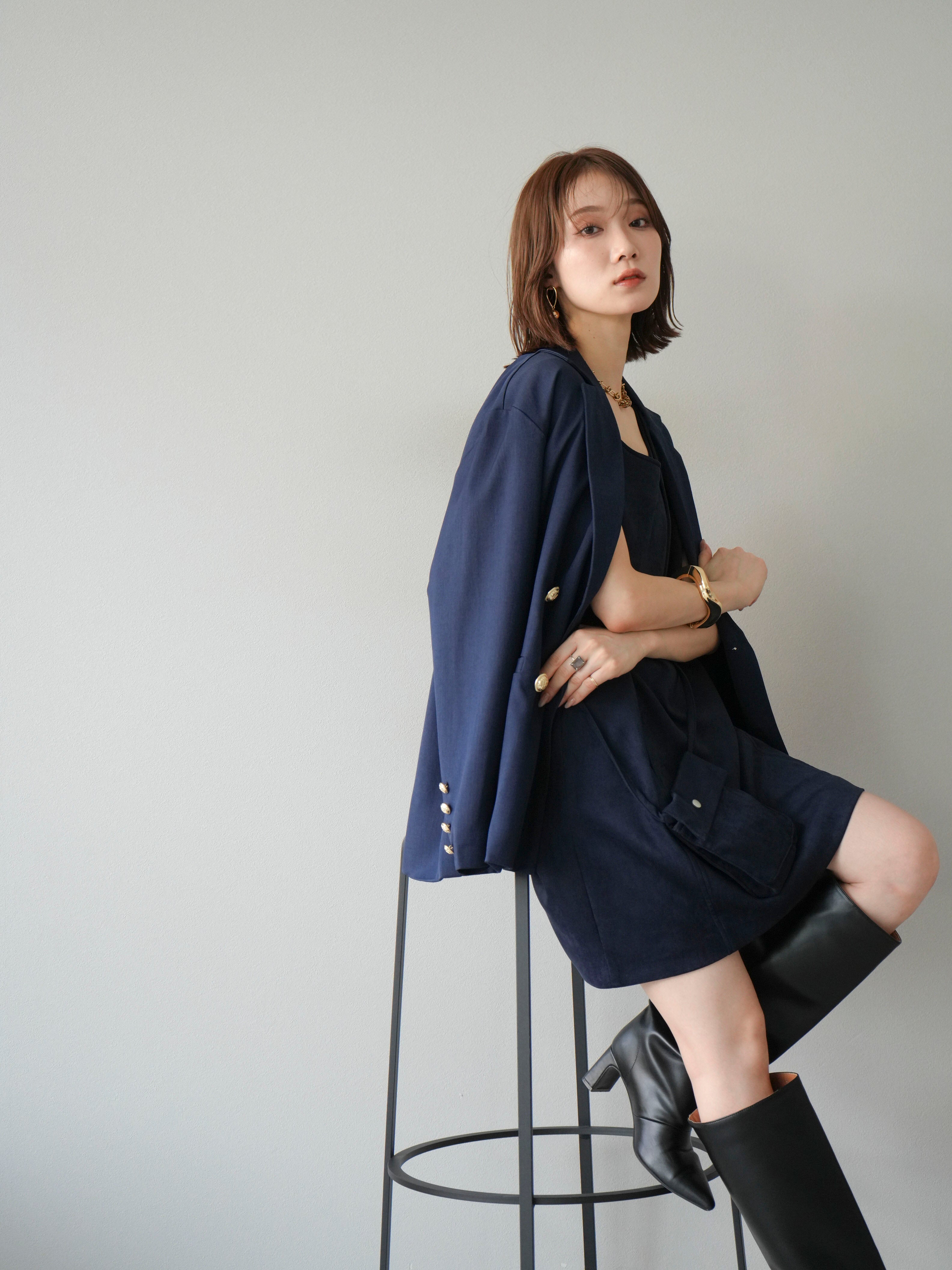 Lumier ダブルテーラードジャケット+スウェードミニワンピース(2SET) SET]ゴールドボタンツイルダブルテーラードジャケット+ショルダー