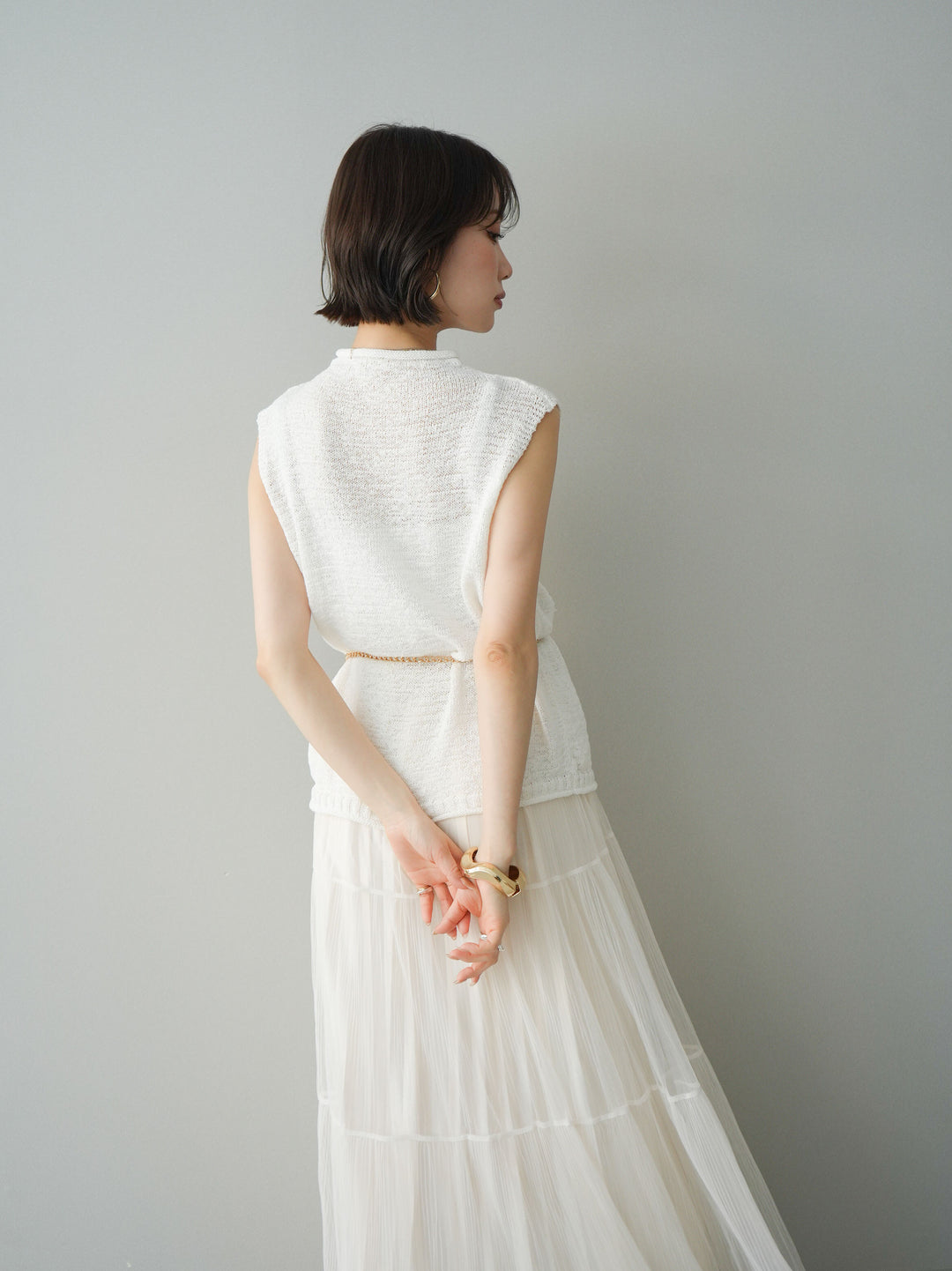 [予約]ノースリーブリネンタッチシアーニットプルオーバー/white