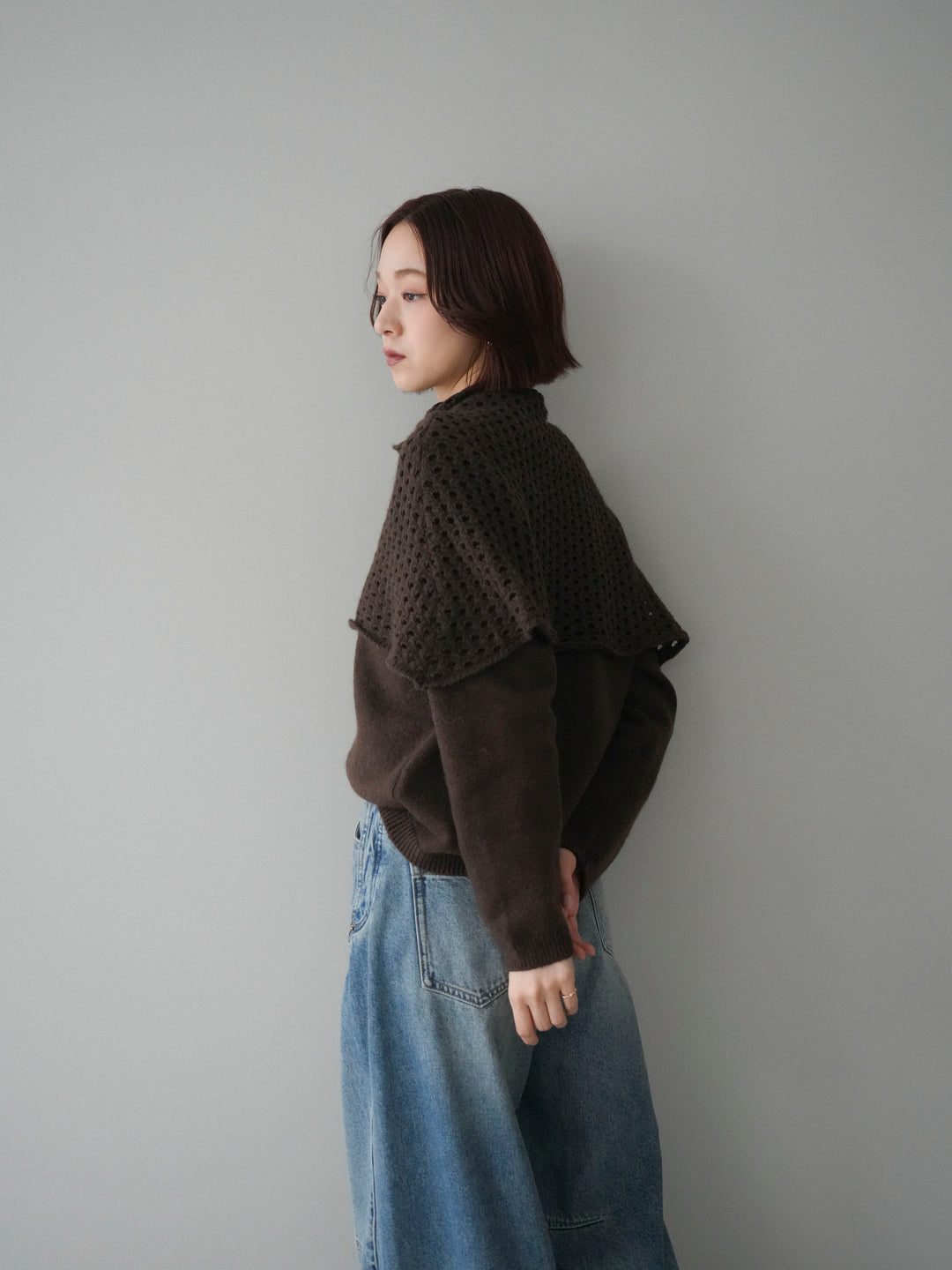 [予約]メッシュケープアンサンブルニットプルオーバー/brown